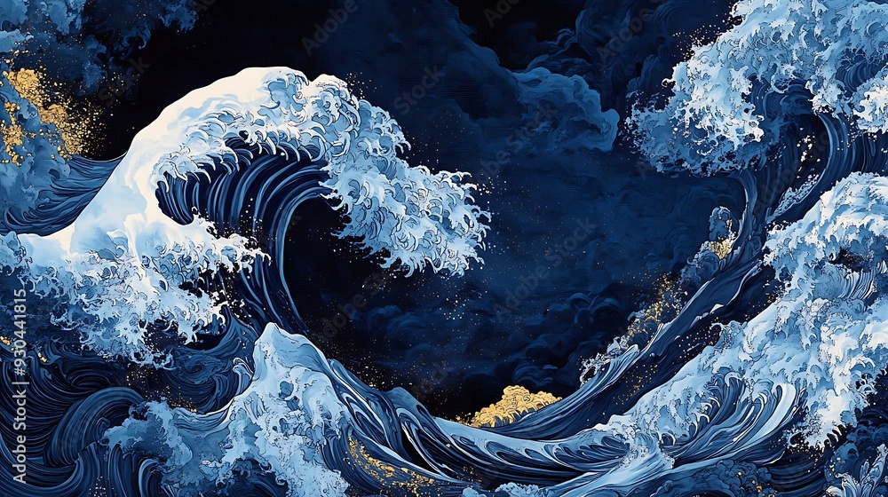 custom made wallpaper toronto digitalAbstract Painting of Two Large Waves in Blue and Gold Hues
