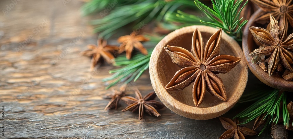 Close-up of star anise spice in a wooden bowl surrounded by pine branches on a rustic wooden table. Close-up of star anise spice in a wooden bowl surrounded by pine branches on a rustic wooden table.