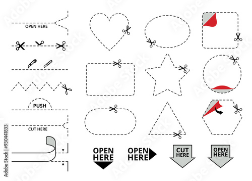 Dashed cut lines. Cut here icon, peel corner stickers and open here labels. Cutting coupon frame template with scissors and tear stripe vector set.