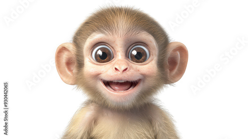 Realistic 3d render of a happy, furry and cute baby Monkey smiling with big eyes looking strainght