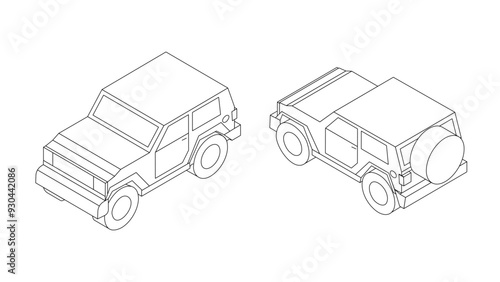 off-road car isometric coloring contour isolated vector set
