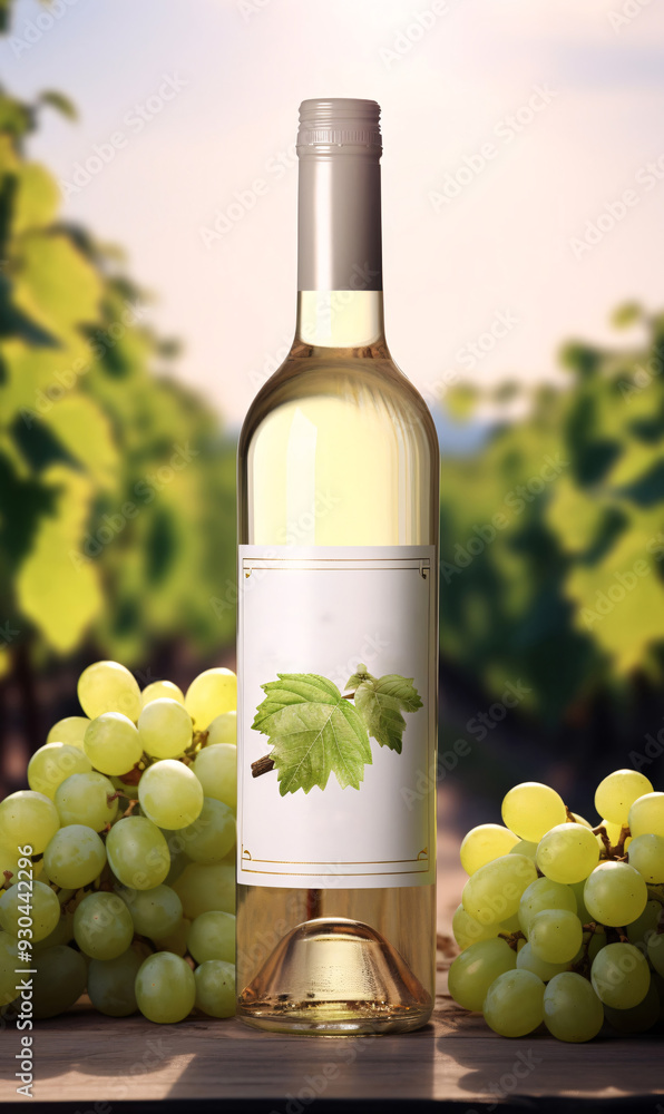 Obraz premium Still life with grapes and a bottle with a vignette to complement the name of the wine.