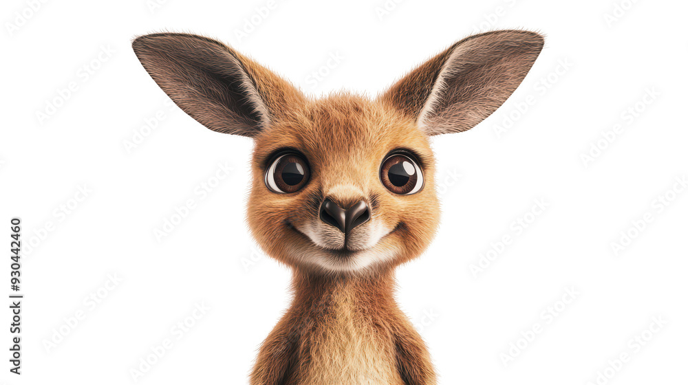 Fototapeta premium Realistic 3d render of a happy, furry and cute baby Kangaroo smiling with big eyes looking strainght