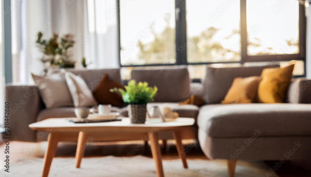 Obraz premium Blurred interior of living room with sofa and armchairs