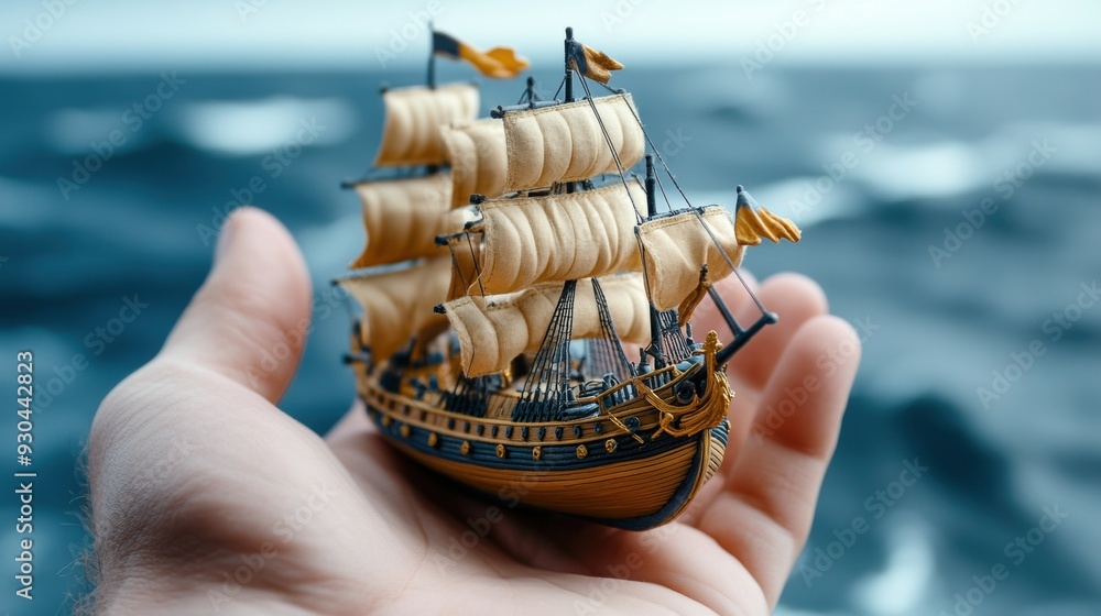 Obraz premium A person holding a small model of an old sailing ship, AI