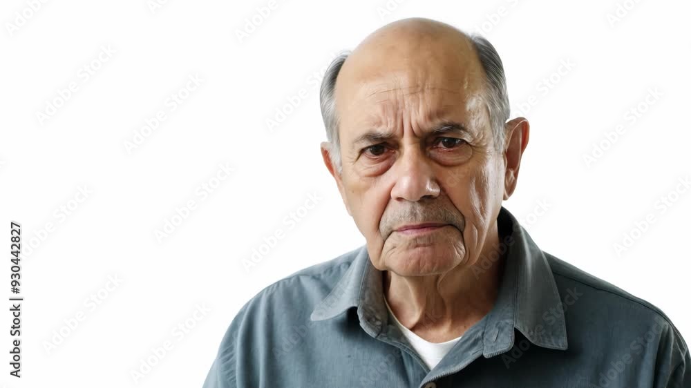 Elderly bald man frowning slightly with a sad expression Elderly bald man frowning slightly with a sad expression