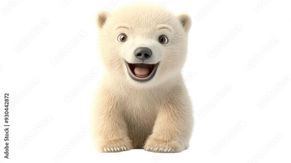 Realistic 3d render of a happy, furry and cute baby Polar bear smiling with big eyes looking strainght Realistic 3d render of a happy, furry and cute baby Polar bear smiling with big eyes looking strainght
