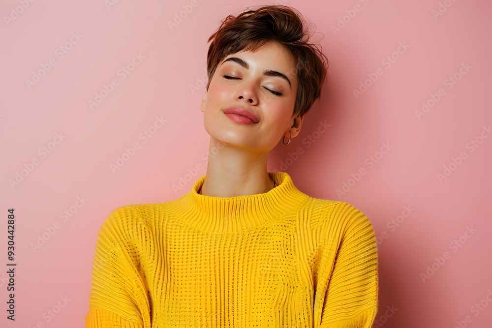 Happy Woman in Yellow Sweater with Closed Eyes Smiling on Pink Background Happy Woman in Yellow Sweater with Closed Eyes Smiling on Pink Background
