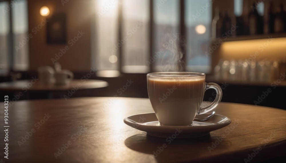 Cafe hot cup of coffee on a saucer on a dark background, casting a thin shadow. Bokeh in the background. Cafe hot cup of coffee on a saucer on a dark background, casting a thin shadow. Bokeh in the background.