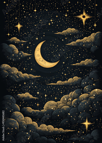 Wallpaper Mural Vector illustration of stars and moon in the sky, with clouds,  gold foil on black background Torontodigital.ca