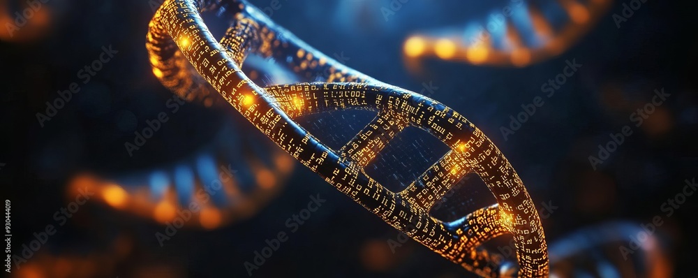 Genetic code floating over a dark background, luminescent details and deep shadows, 3D illustration Genetic code floating over a dark background, luminescent details and deep shadows, 3D illustration