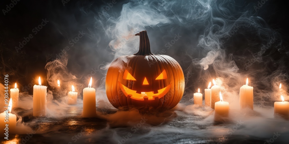 Naklejka premium Spooky Halloween Pumpkin with Candles created by ai