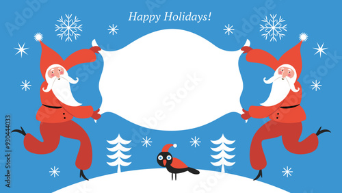Two funny dancing Santa Clauses are holding a banner with place for text.  Christmas Card, illustration for party invitation. Merry Christmas and Happy New Year card