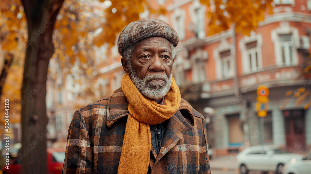Naklejka premium Mature black man standing seriously on street in autumn attire amid vibrant foliage