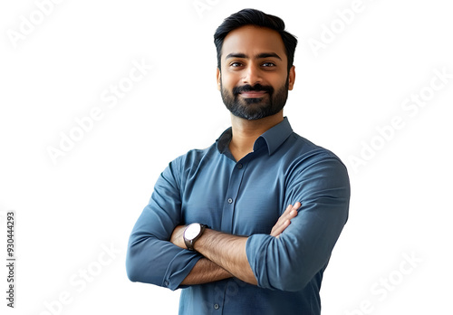 Happy Indian businessman professional leader standing arms crossed in office. Smiling male employee, business man company executive manager, confident eastern entrepreneur at work, 