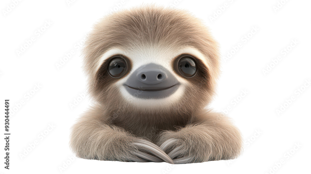 Realistic 3d render of a happy, furry and cute baby Sloth smiling with big eyes looking strainght Realistic 3d render of a happy, furry and cute baby Sloth smiling with big eyes looking strainght