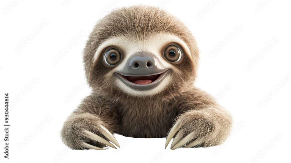 Realistic 3d render of a happy, furry and cute baby Sloth smiling with big eyes looking strainght Realistic 3d render of a happy, furry and cute baby Sloth smiling with big eyes looking strainght