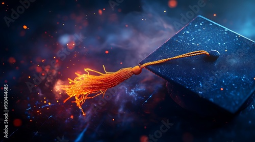 Graduation Cap with Orange Tassel and Smoke Effect