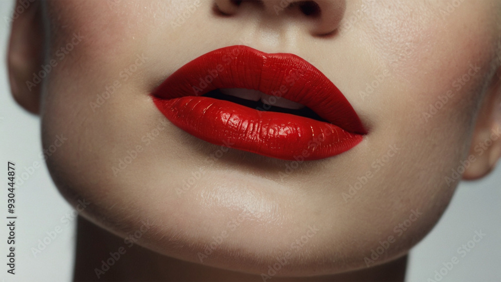 Naklejka premium close up lips of woman,Woman's lips, square chin, bright red lipstick, angle tilted to the model's left. Beautiful bright color pictures