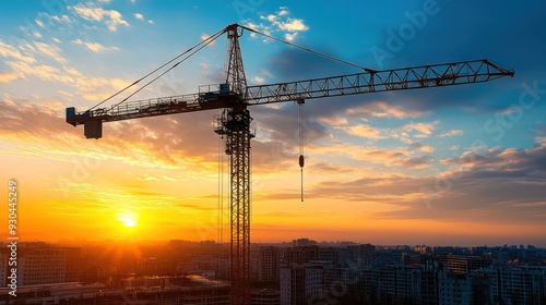 Tower crane silhouetted against the sunrise, lifting materials high aove a construction site, representing the height and strength of heavy equipment. photo