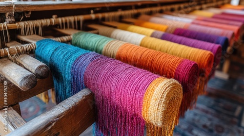 Traditional loom weaving colorful faric in a workshop, symolizing the heritage and craft of textile production. photo