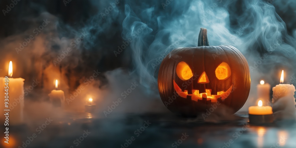 Naklejka premium Spooky Halloween Pumpkin with Candles created by ai
