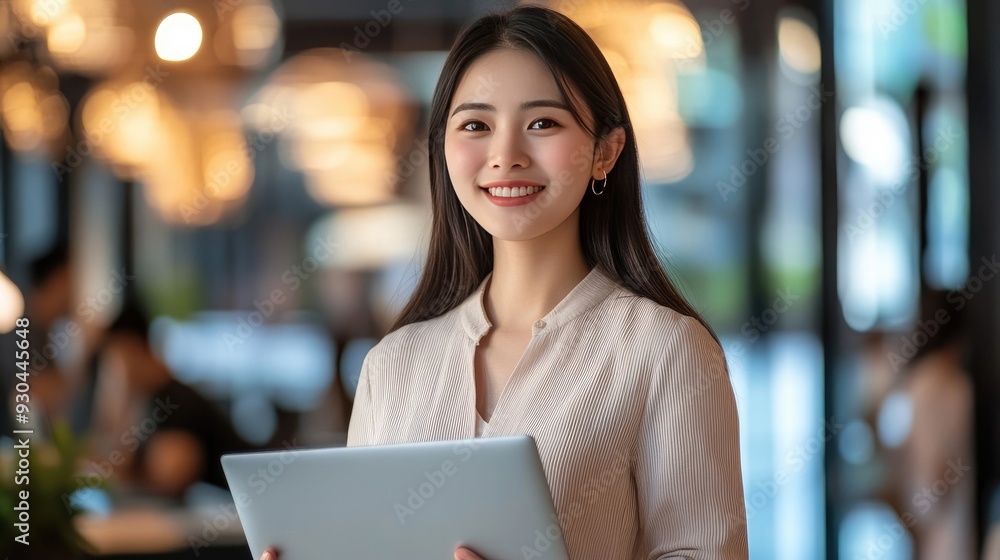Happy Businesswoman Standing in Modern Office Space, Holding Laptop and Smiling Happy Businesswoman Standing in Modern Office Space, Holding Laptop and Smiling