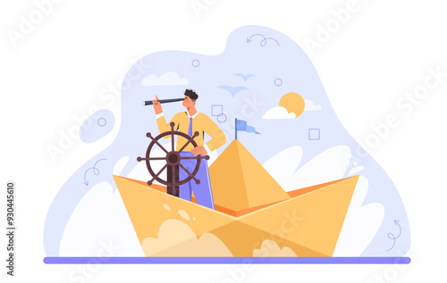 Vision of future concept. Man with telescope on paper boat in sea or ocean. Achievement and solution. Motivation and leadership, success. Planning and goal setting. Flat vector illustration