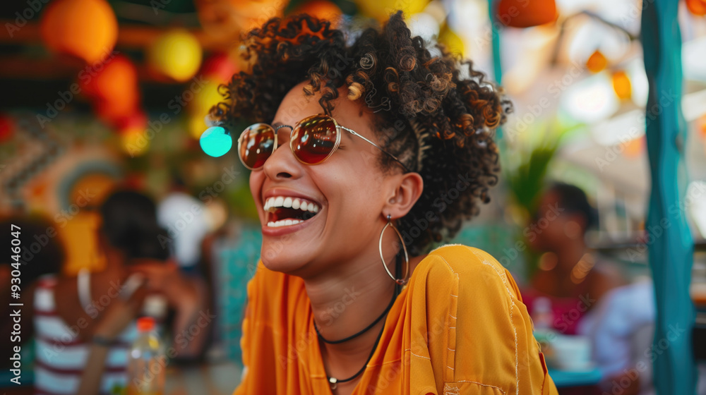 Joyful woman with curly hair and sunglasses laughing at an outdoor cafe with vibrant decor. Concepts of happiness, leisure, and summer vibes. Joyful woman with curly hair and sunglasses laughing at an outdoor cafe with vibrant decor. Concepts of happiness, leisure, and summer vibes.