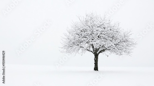 A solitary apple tree in the center, covered in snow, with its bare branches creating a stark contrast against the white.