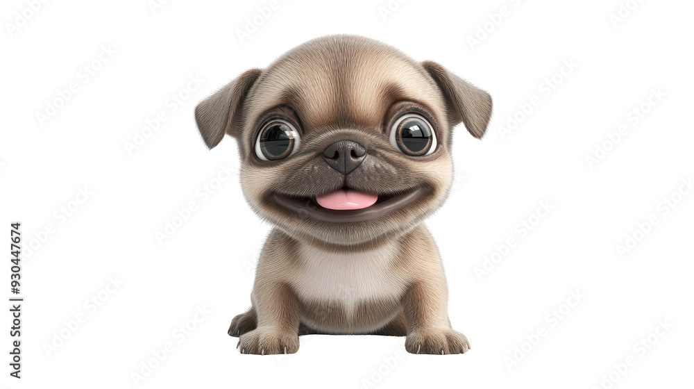 Realistic 3d render of a happy, furry and cute baby Bulldog smiling with big eyes looking strainght Realistic 3d render of a happy, furry and cute baby Bulldog smiling with big eyes looking strainght