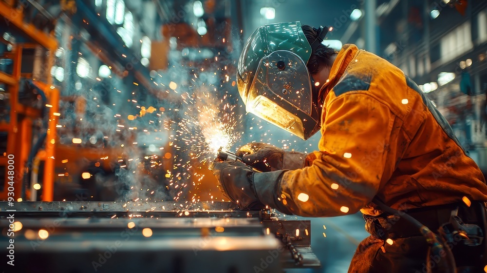 Fototapeta premium Welding Steel Components, skilled workers fusing metal parts for a stable structure in an industrial construction site, showcasing teamwork and precision in a dynamic environment