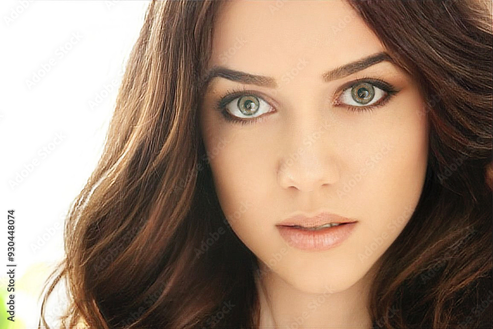 Fototapeta premium Image with beautiful brunette girl touching her face on grey background.
