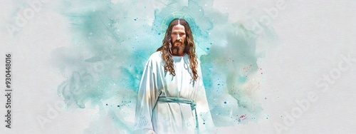 watercolor portrait of Jesus Christ. Front view, for banner, design, linkedin,church, easter, christmas, blog, social media photo