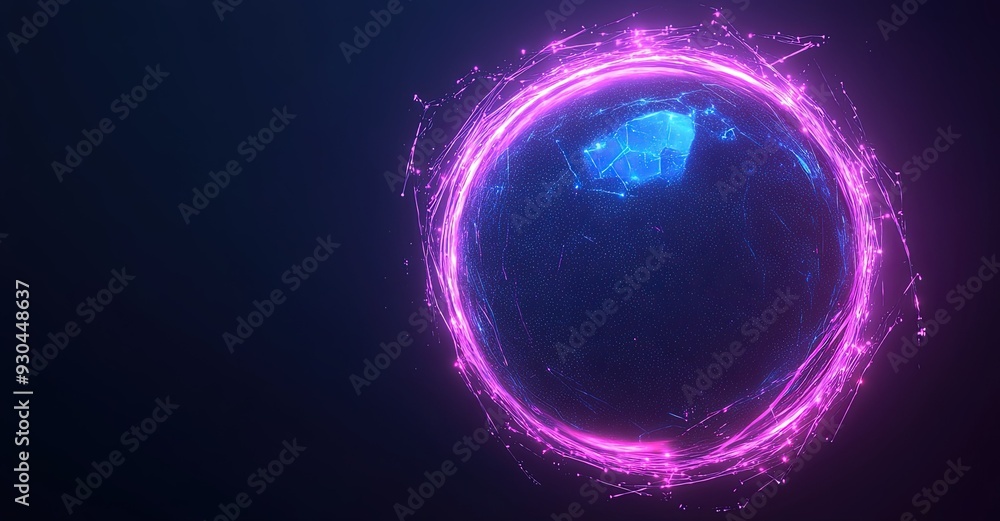 Obraz premium Abstract futuristic glowing neon purple-blue sphere with particles and energy, dark background.