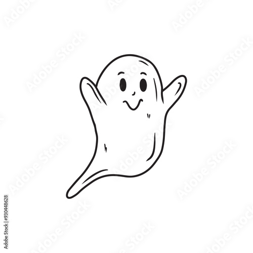 Cute nice smiling ghost spook in black isolated on white background. Hand drawn vector sketch illustration in doodle engraved vintage line art style. Happy Halloween symbol, horror.