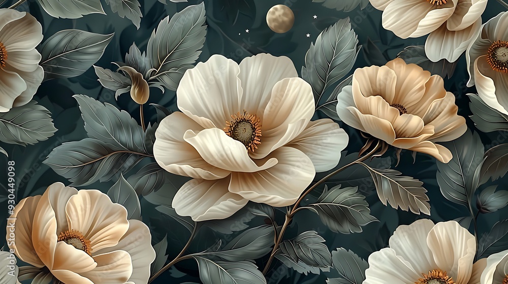 custom made wallpaper toronto digitalSeamless wallpaper design of vintage botanical illustrations featuring night-blooming flowers like moonflowers and jasmine, intertwined with crescent moons and stars,