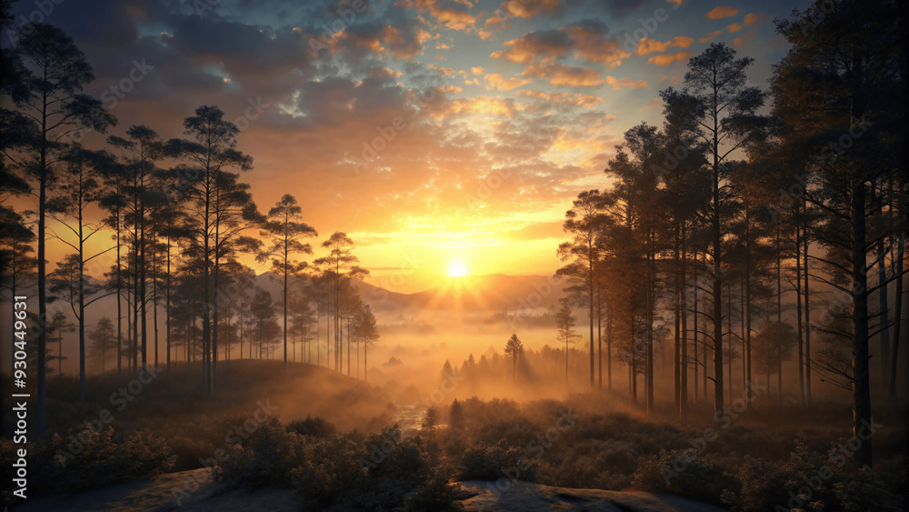 Naklejka premium Panoramic forest sunset sky of clouds with beautiful tones on nature