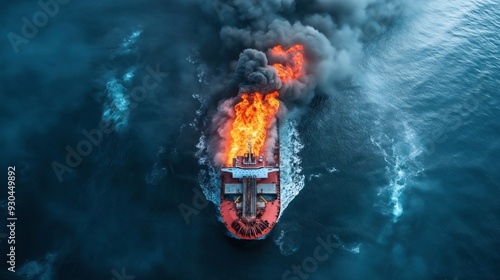 Aerial view of a large cargo ship on fire in the ocean, with intense flames and thick black smoke rising from the vessel. photo