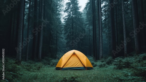 An orange tent pitched in a dense, dark forest during evening time, highlighting the solitude and tranquility of camping deep in the wilderness, surrounded by tall trees.