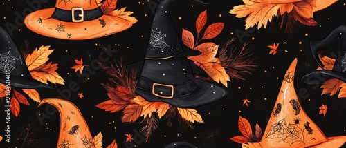 Enchanting Boho Halloween Seamless Pattern with Witch Hats, Feathers, and Autumn Leaves in Earthy Tones for Seasonal Crafts for fabric patterns