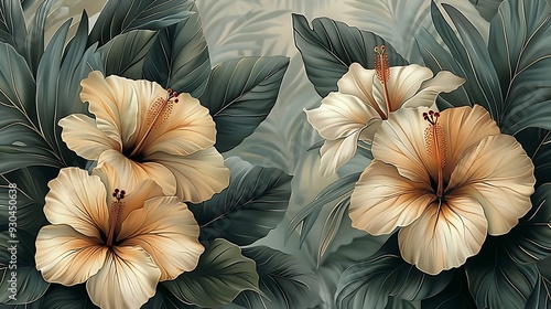 Wallpaper Mural Tropical blooms seamless wallpaper design, with hand-drawn vintage illustrations of hibiscus, bird of paradise, and orchids, vibrant color palette, soft boho backdrop, intricate details, Torontodigital.ca