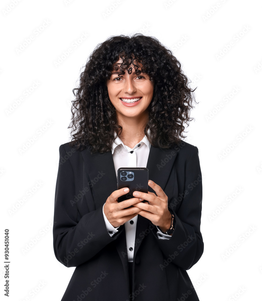 Beautiful young woman in black suit using smartphone on white background Beautiful young woman in black suit using smartphone on white background