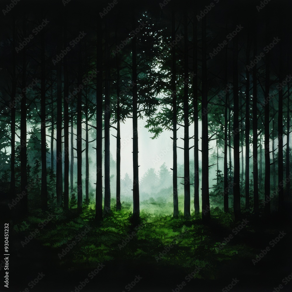 Obraz premium A serene forest scene shrouded in mist, showcasing tall trees and a tranquil atmosphere, perfect for nature lovers.