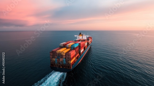 A large cargo ship bearing a full load of containers navigates through the ocean during dusk, reflecting the expansive scope of global shipping and trade. photo