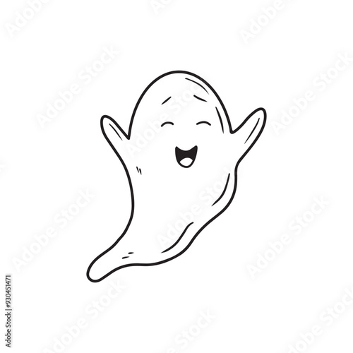 Cute nice smiling ghost spook in black isolated on white background. Hand drawn vector sketch illustration in doodle engraved vintage line art style. Happy Halloween symbol, horror.