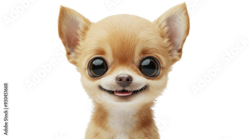 Realistic 3d render of a happy, furry and cute baby Chihuahua smiling with big eyes looking strainght