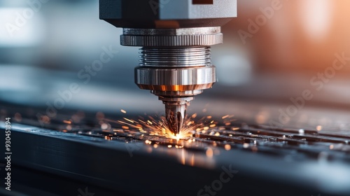 A detailed closeup of a machine tool cutting through metal, creating vibrant sparks, symbolizing precision in industrial manufacturing and advanced machinery operations.