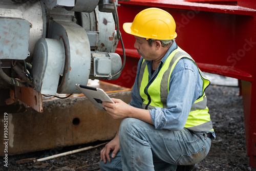 Asia engineer man worker checking machine and use tablet computer with spare crane background 