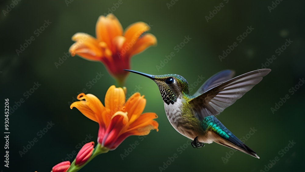 A hummingbird gracefully flies close to a flower, highlighting the delicate relationship between birds and plants. A hummingbird gracefully flies close to a flower, highlighting the delicate relationship between birds and plants.